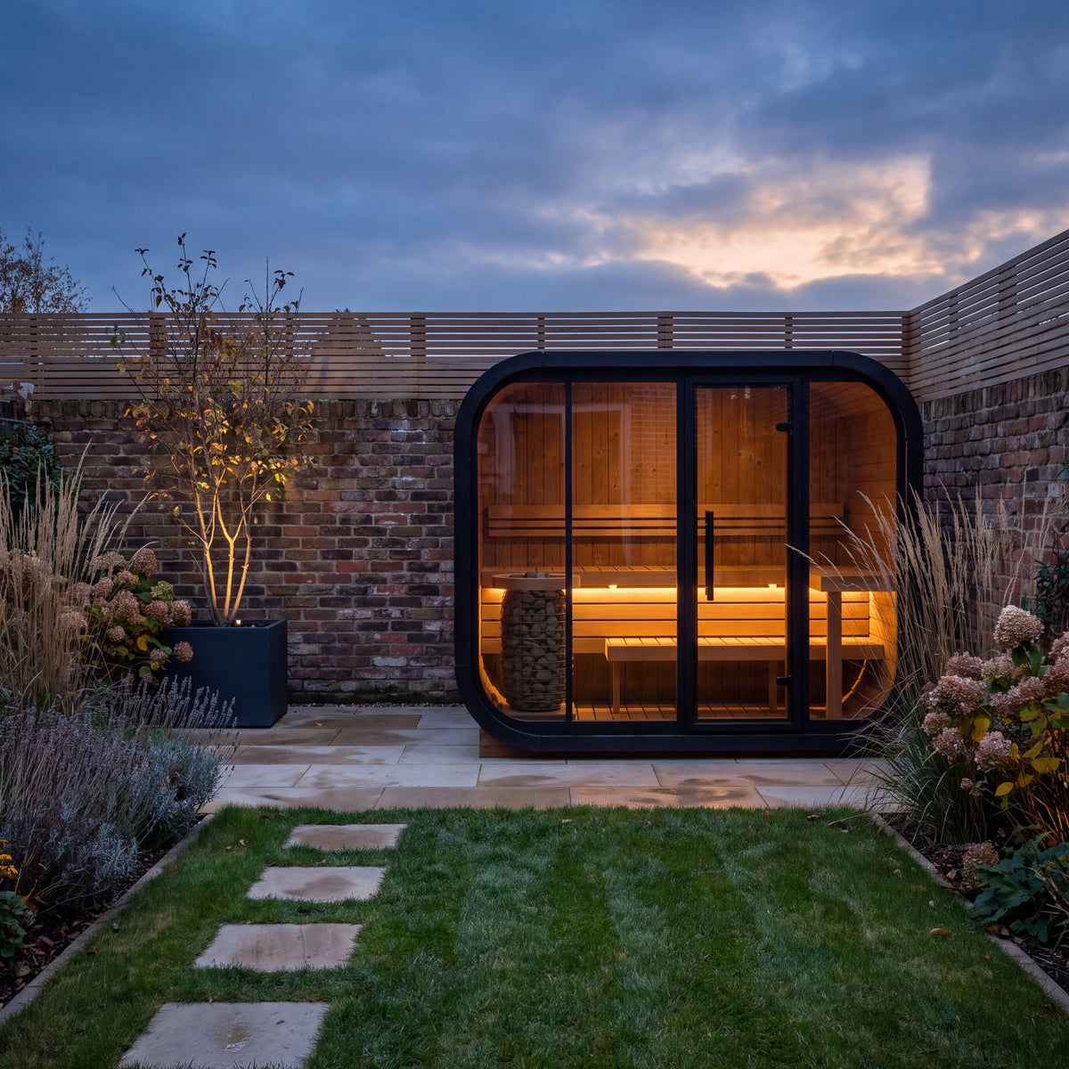 Ralva Large rounded outdoor sauna glowing at dusk in an enclosed courtyard garden