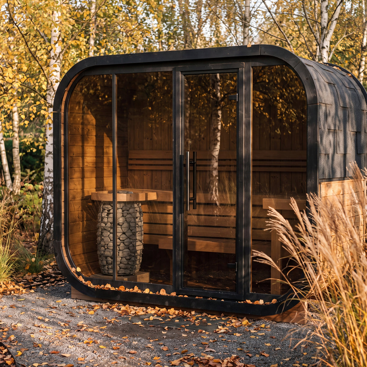 Ralva Large rounded outdoor sauna in an autumn birch garden, benching and stone filled heater guard visible through the glass