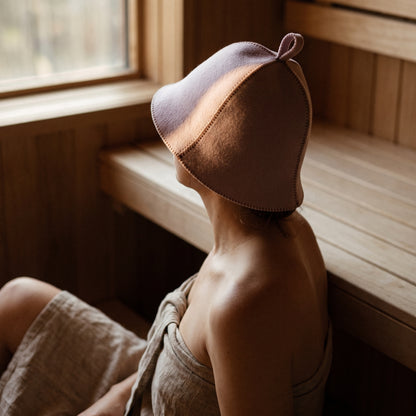 Traditional Lightweight Light Lavender Felt Sauna Hat - worn