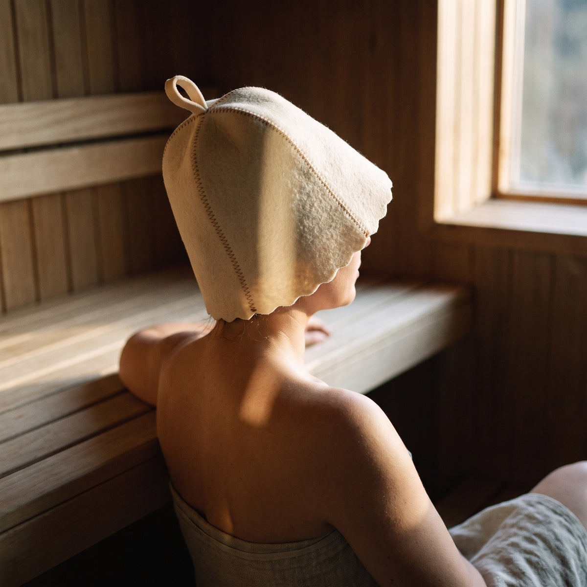 Traditional White Cream Sauna Hat (Wool Polyester) - worn