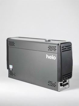 Gray electronic device with 'helo' branding on a white background