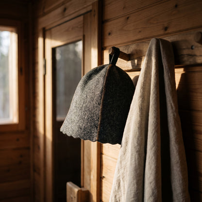 Traditional Lightweight Grey Felt Sauna Hat - hanging on a sauna peg