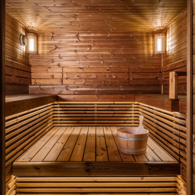 Wooden sauna interior with a wooden bucket on a raised platform.