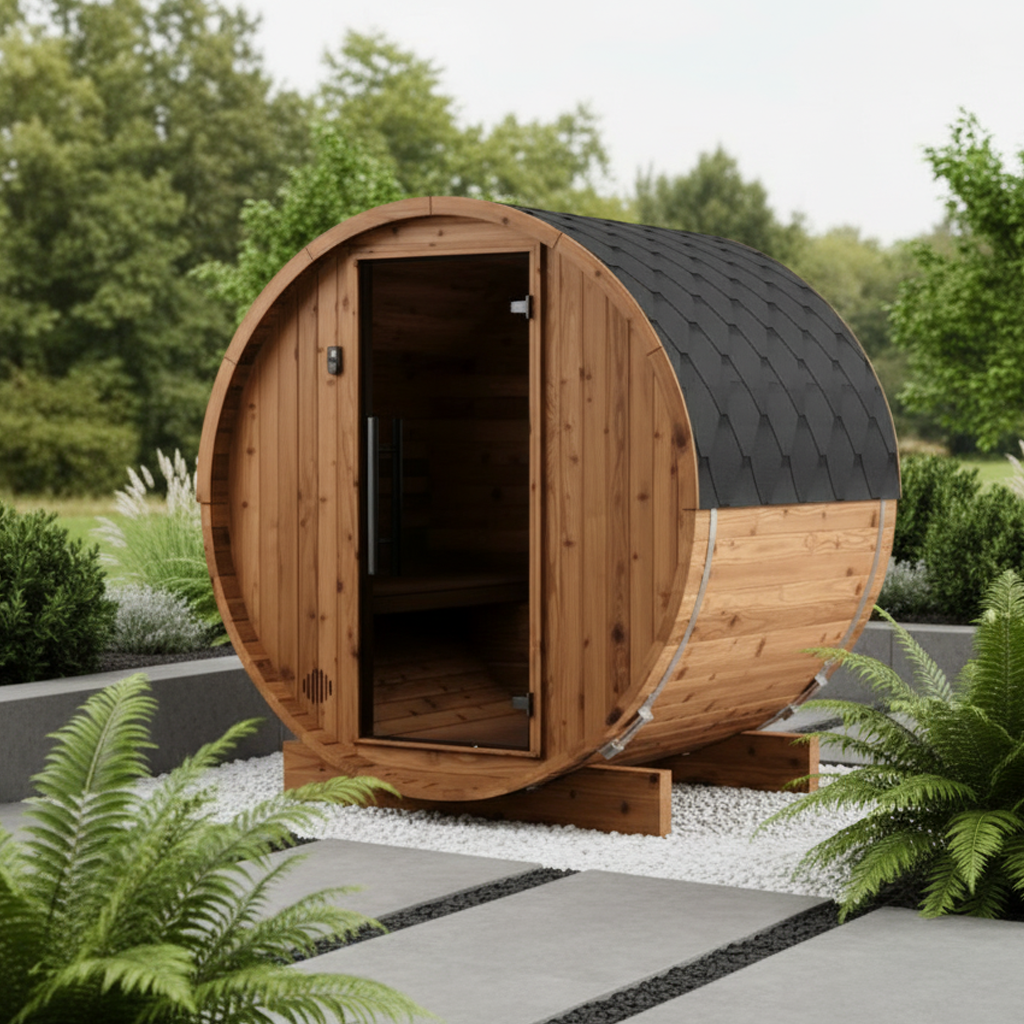 Wooden barrel-shaped sauna in a garden setting with greenery.