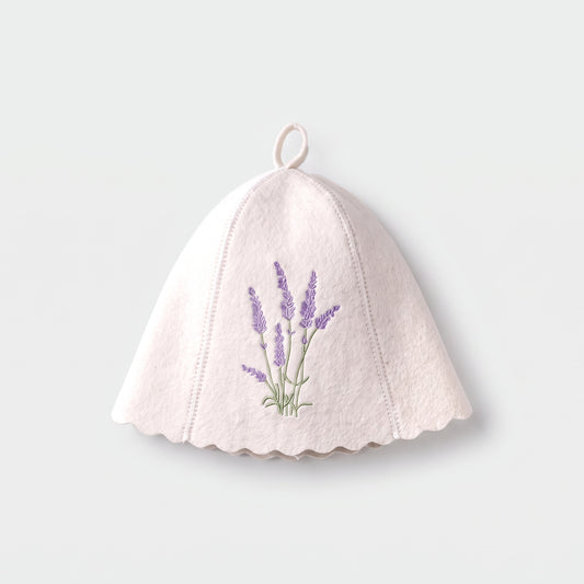 White Felt Sauna Hat with Lavender Embroidery - flat lay