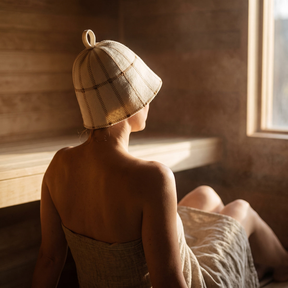 Sauna Hat Brown/White (Wool Felt) - worn