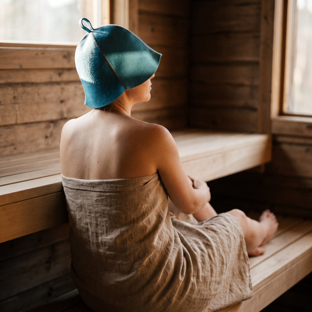 Traditional Lightweight Light Blue Felt Sauna Hat - worn
