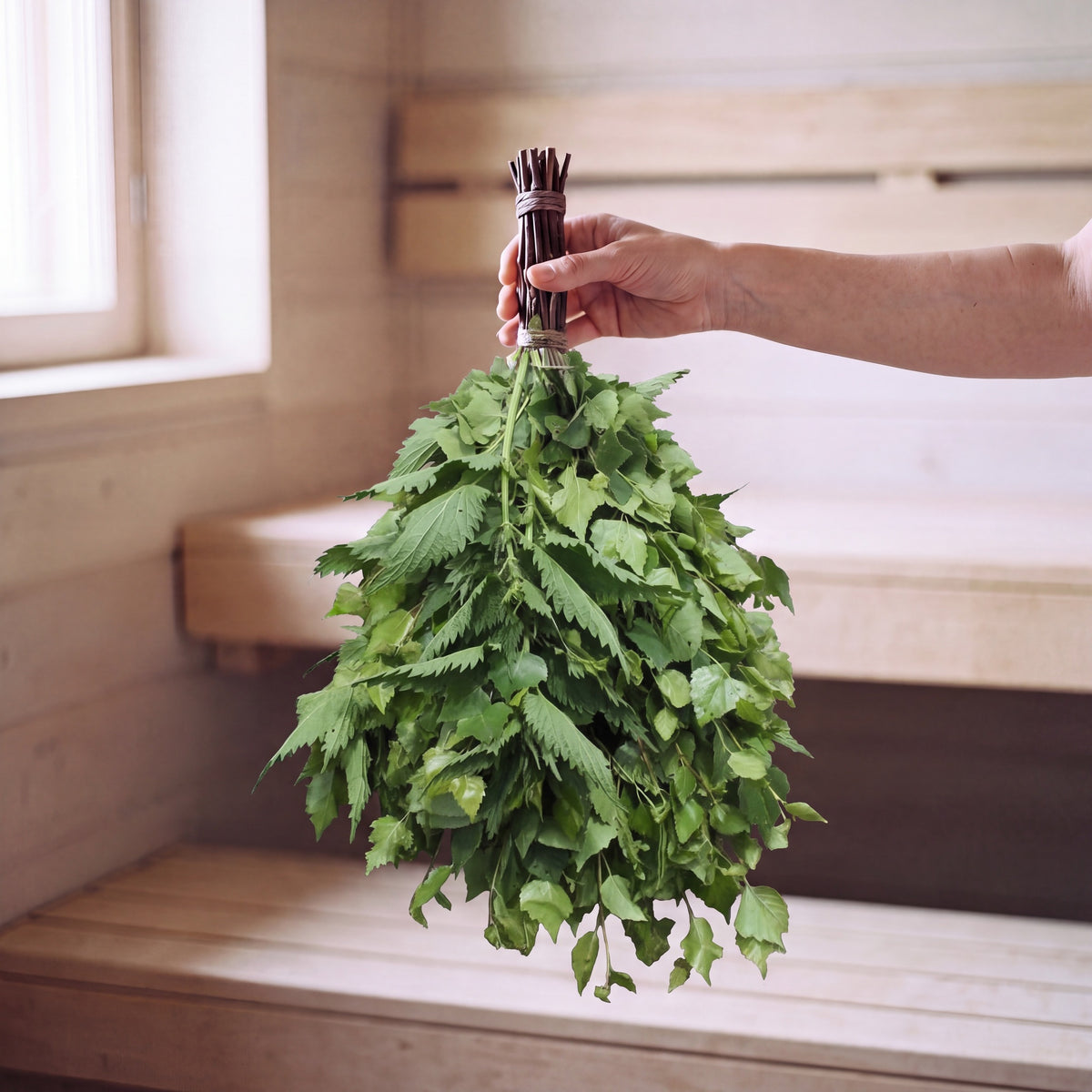 Sauna Whisk Birch & Nettle - held in the sauna