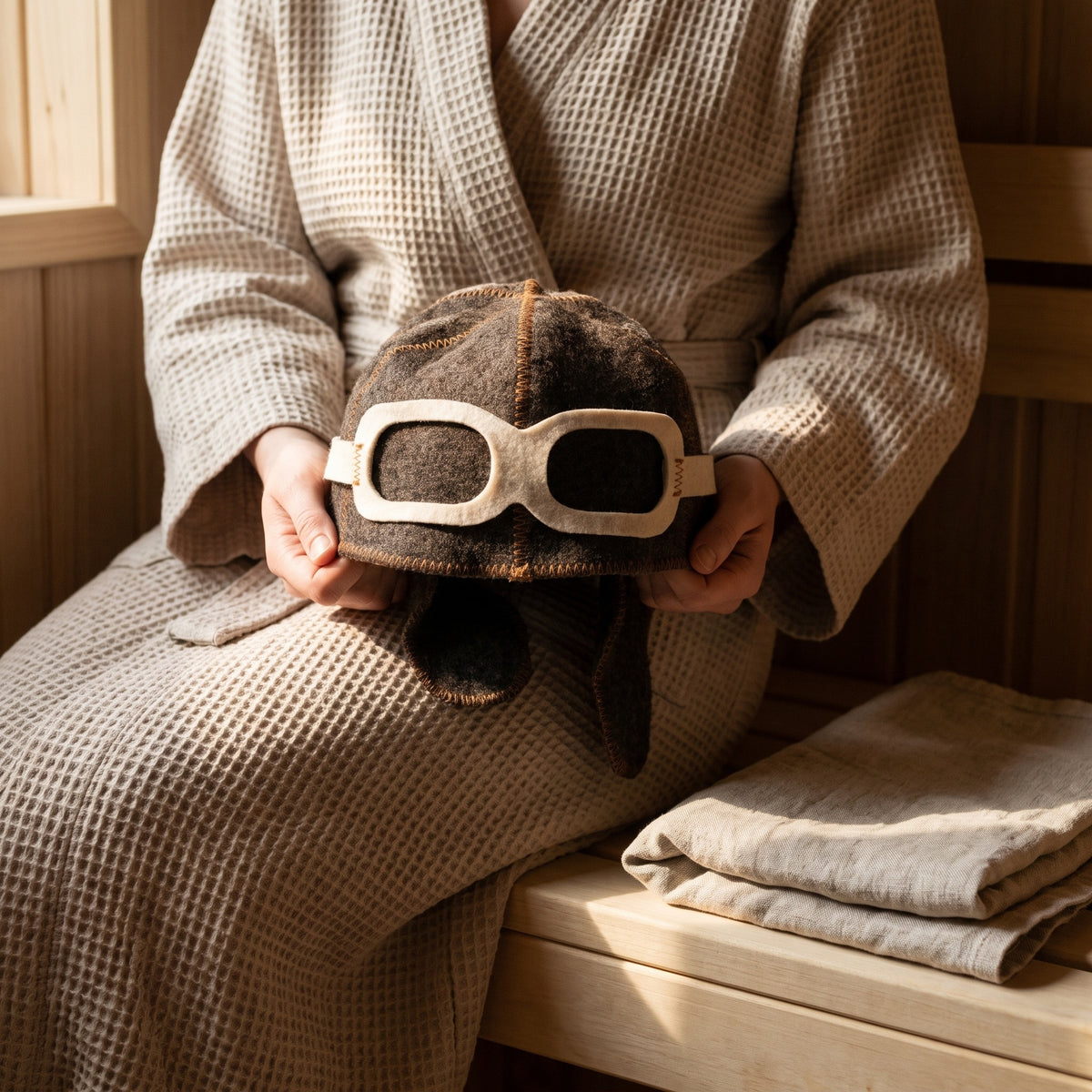 Novelty Pilot Sauna Hat 100% Wool - held in hands