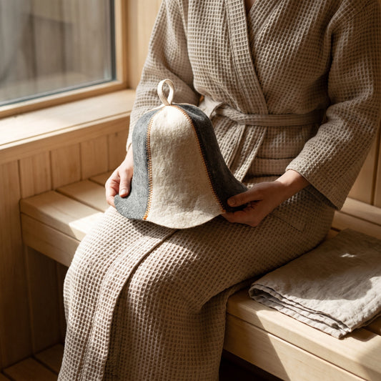 Sauna Hat COMBI Grey/White (Wool Felt) - held in hands