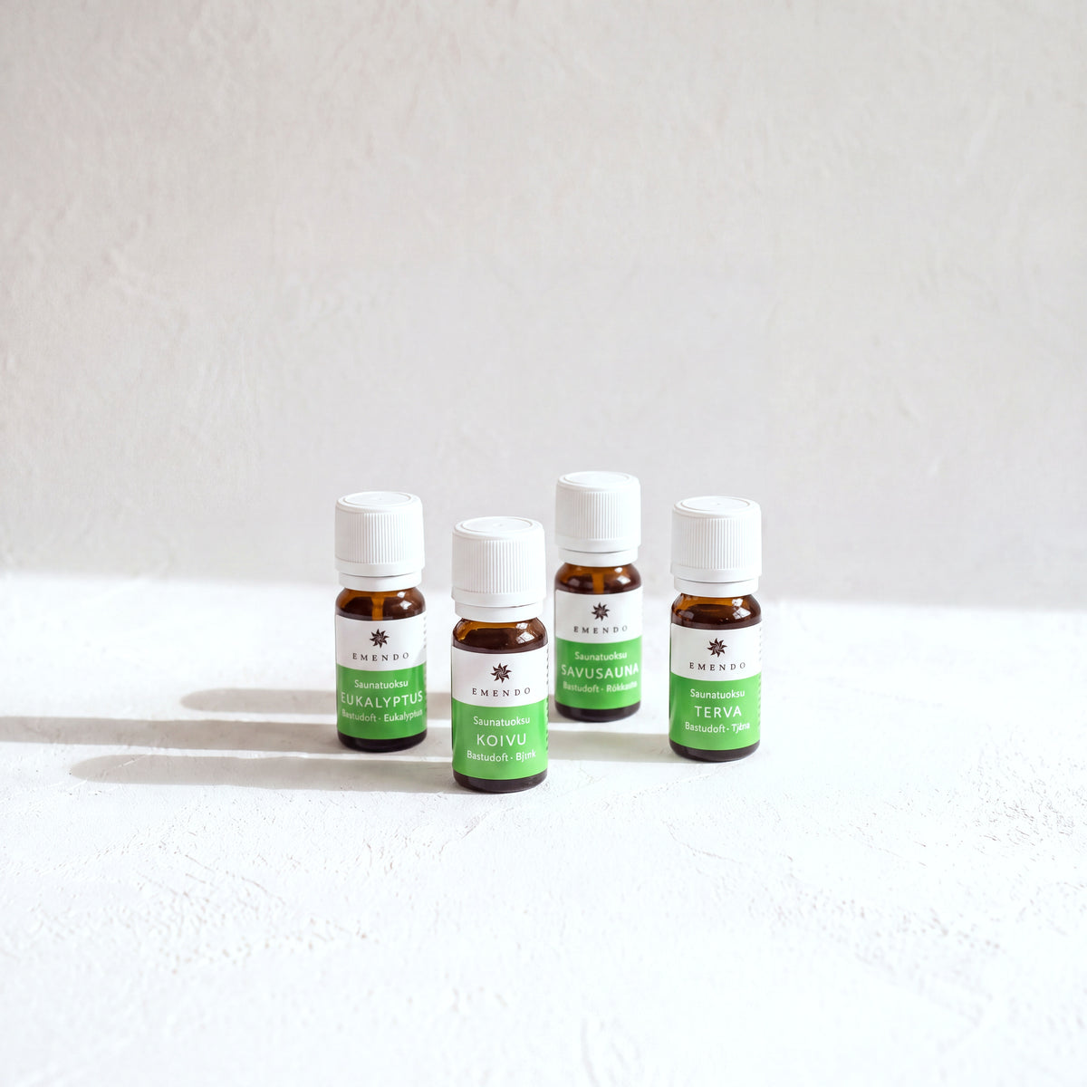 Emendo Sauna Scents (4 x 10ml) - Eucalyptus, Birch, Smoke Sauna and Tar - hero front