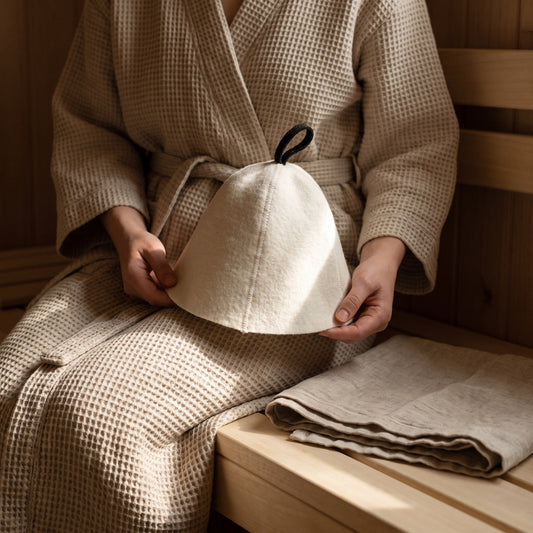 Sauna Hat White 100% Wool - held in hands