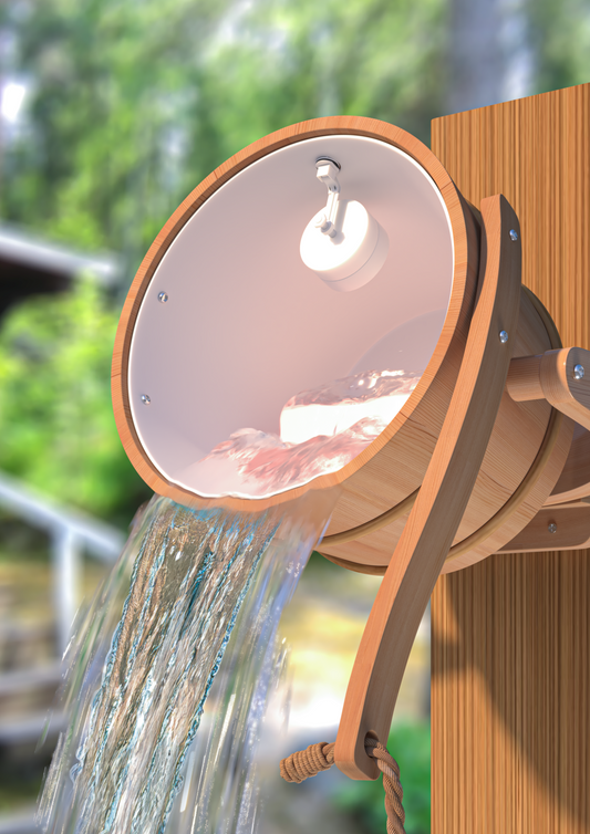 Cedar bucket shower pouring water