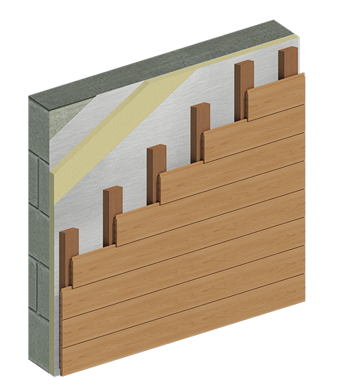 Diagram of a sauna wall build up illustrating blockwork, fire panel, sauna PIR insulation, sauna battens and sauna tongue and groove cladding; as a cross section.