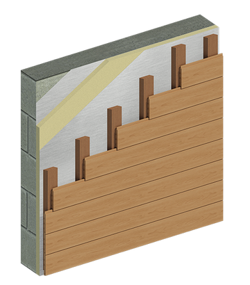 Diagram of a sauna wall build up illustrating blockwork, fire panel, sauna PIR insulation, sauna battens and sauna tongue and groove cladding; as a cross section.