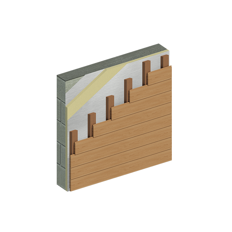 Cross-sectional view of a building wall with wooden exterior, insulation, and concrete core on a white background.