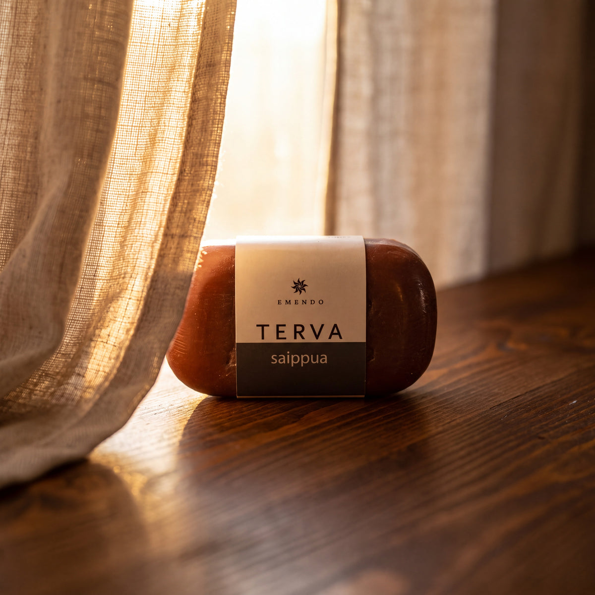 Emendo Tar Soap (100g) - lifestyle by linen curtain