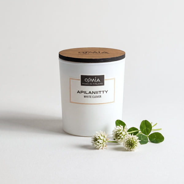 White Clover Scented Candle by Osmia with white clover flowers
