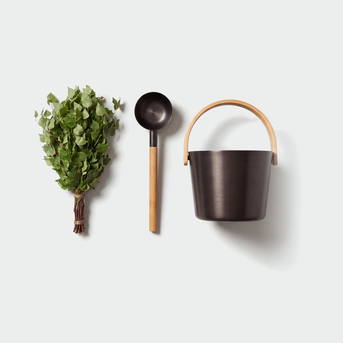 Rento Brown/Black Anodised Aluminium Sauna Set - pail, ladle and birch whisk flat lay