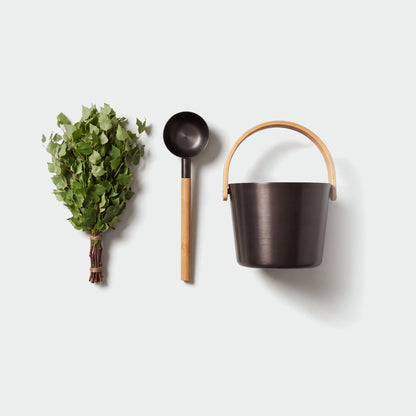 Rento Brown/Black Anodised Aluminium Sauna Set - pail, ladle and birch whisk flat lay