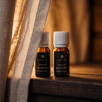 Emendo Salmiac & Smoky Herb Sauna Scents (2 x 10ml) - lifestyle by linen curtain