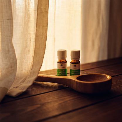 Emendo Wooden Sauna Ladle & Scent Oil Set - lifestyle by linen curtain