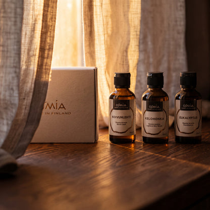 Osmia Classics Sauna Aroma Box - lifestyle by linen curtain