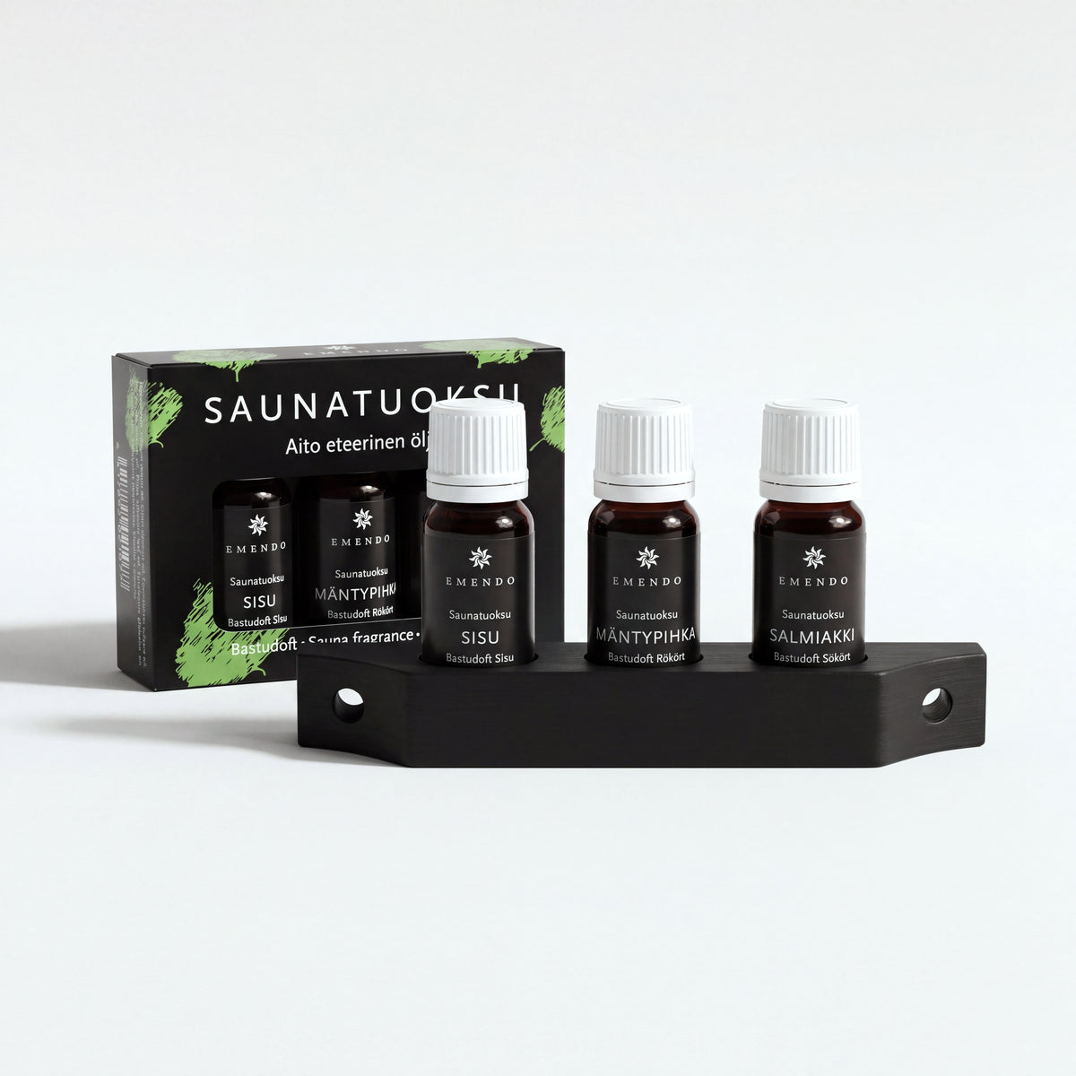 Emendo Black Sauna Scent Wall Rack Set (3 x 10ml) - hero front