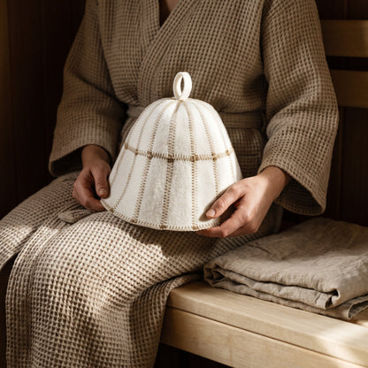 Sauna Hat Brown/White (Wool Felt) - held in hands