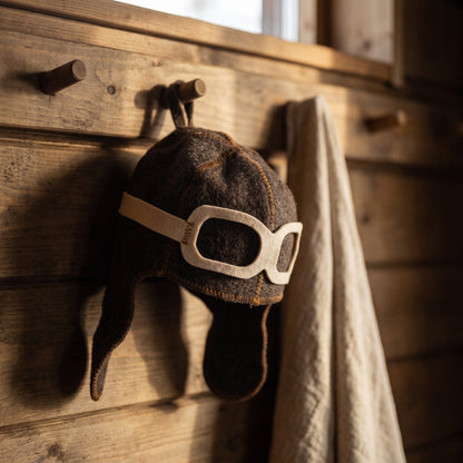 Novelty Pilot Sauna Hat 100% Wool - hanging on a sauna peg