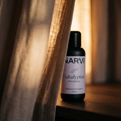 Eucalyptus Sauna Scent by Narvi (100ml) - lifestyle behind linen curtain