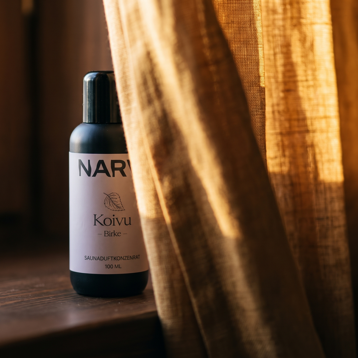 Birch Sauna Scent by Narvi (100ml) - lifestyle behind linen curtain