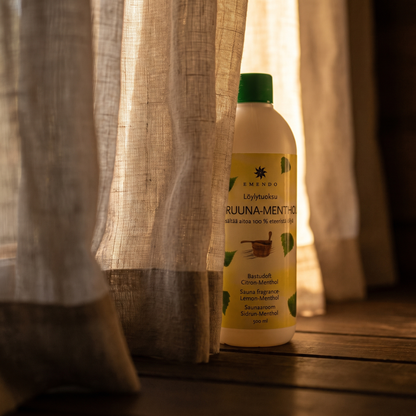 Emendo Lemon & Menthol Sauna Scent (500ml) - lifestyle behind linen curtain