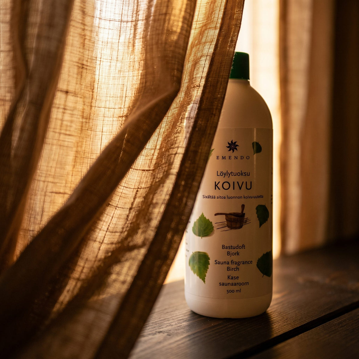 Emendo Birch Sauna Scent (500ml) - lifestyle behind linen curtain