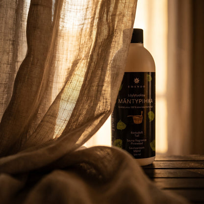 Emendo Pine Sauna Scent (500ml) - lifestyle behind linen curtain