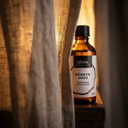 Pine Forest Sauna Aroma by Osmia (50ml) - lifestyle behind linen curtain