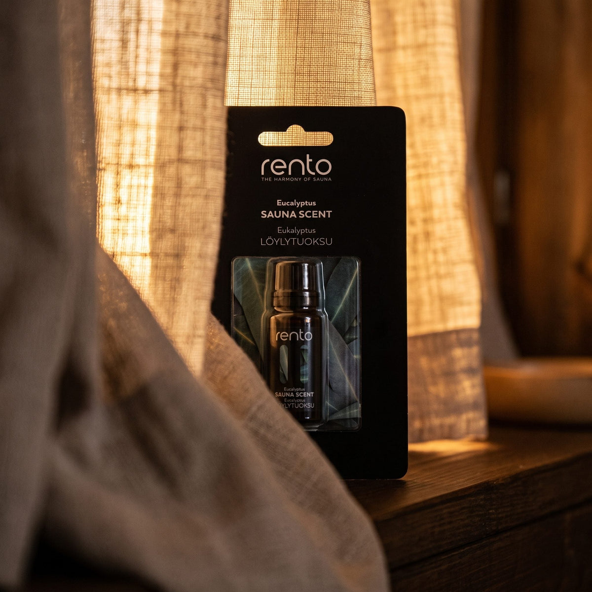 Rento Eucalyptus Sauna Scent 10ml Concentrate - lifestyle behind linen curtain