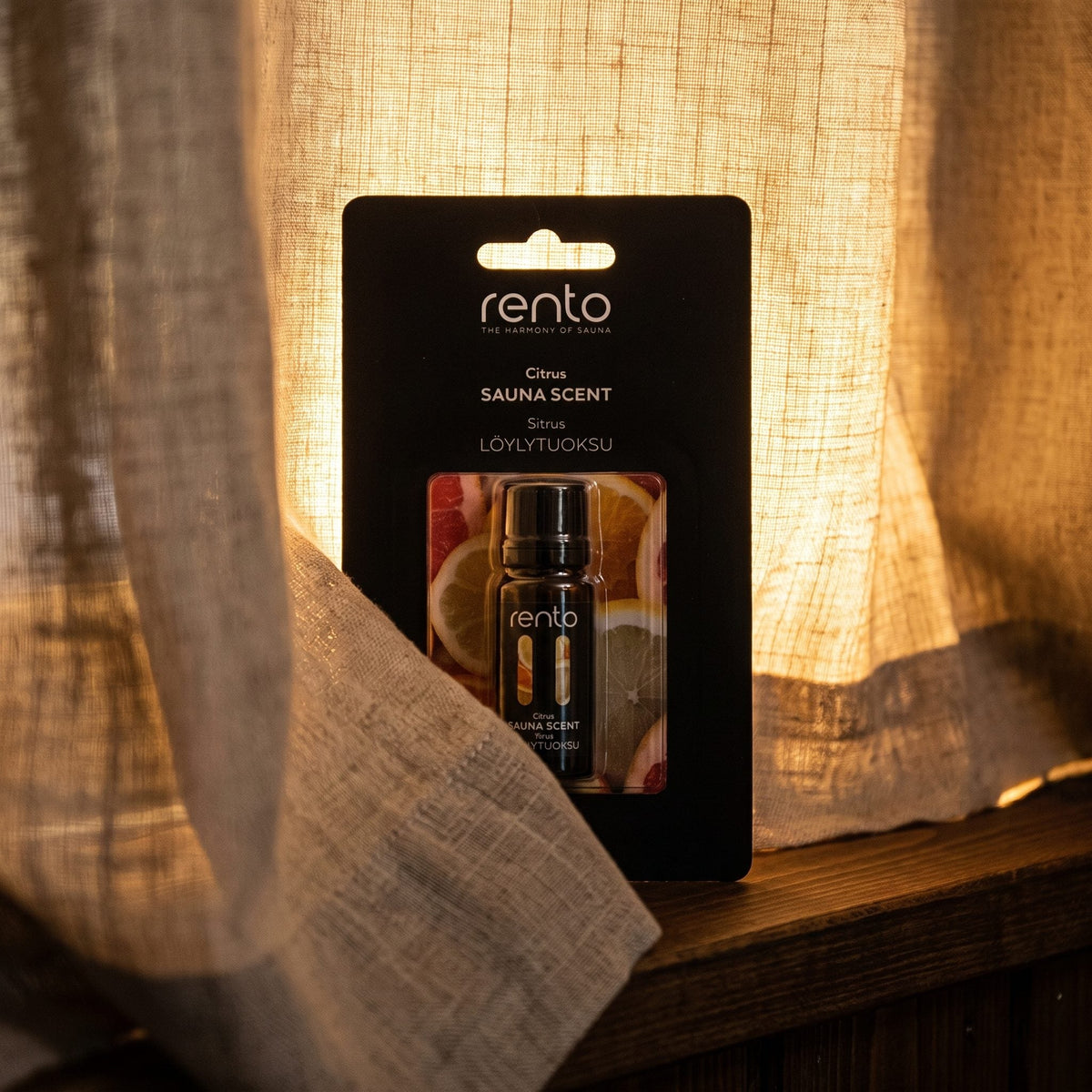 Rento Citrus Sauna Scent 10ml Concentrate - lifestyle behind linen curtain