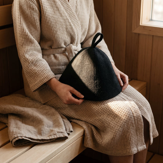 Sauna Hat Black 100% Wool - held in hands