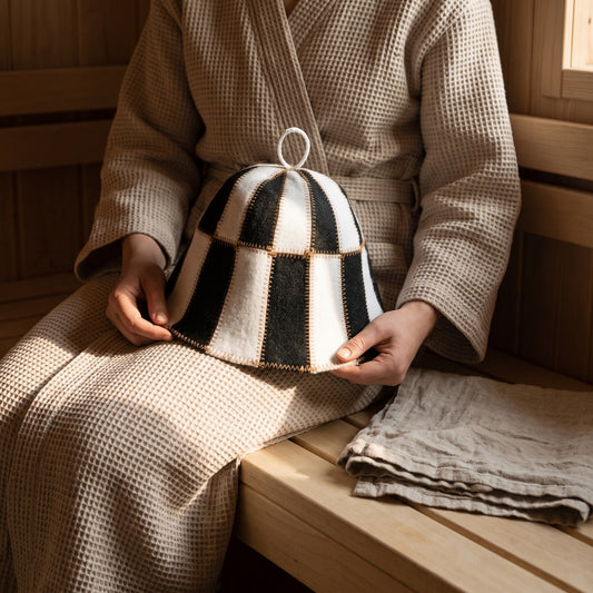 Sauna Hat Black/White (Polyester Felt) - held in hands