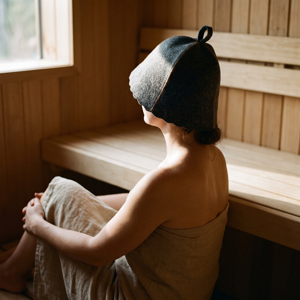 Traditional Lightweight Grey Felt Sauna Hat - worn