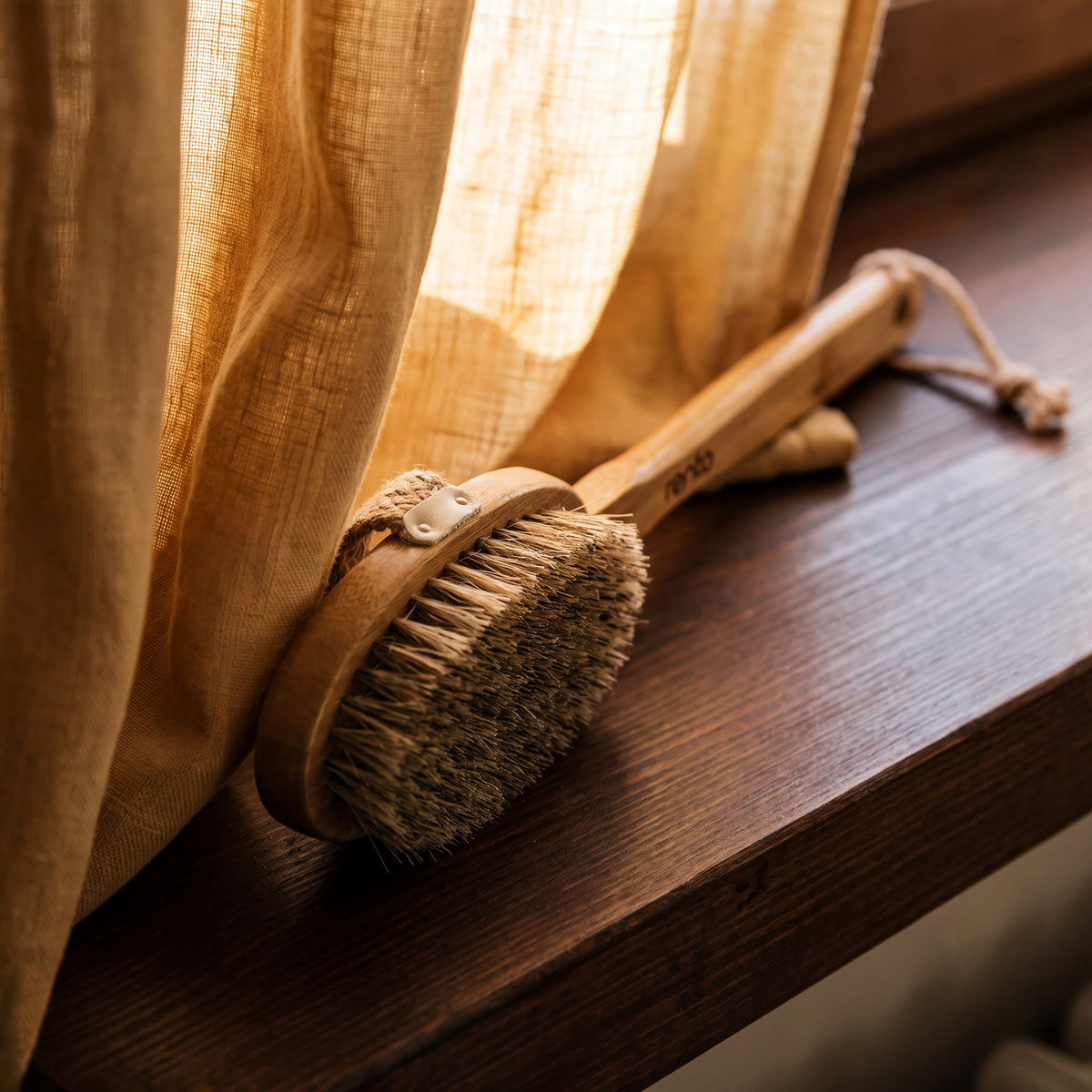 Rento Exfoliating Sauna Bath Brush Bamboo & Natural Hair - lifestyle by linen curtain