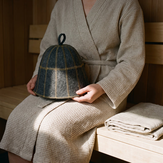 Sauna Hat Grey (Wool Felt) - held in hands