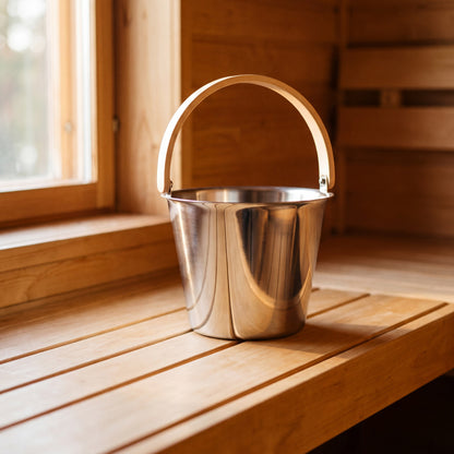 Rento x Harri Koskinen Glossy Steel Sauna Pail - in the sauna