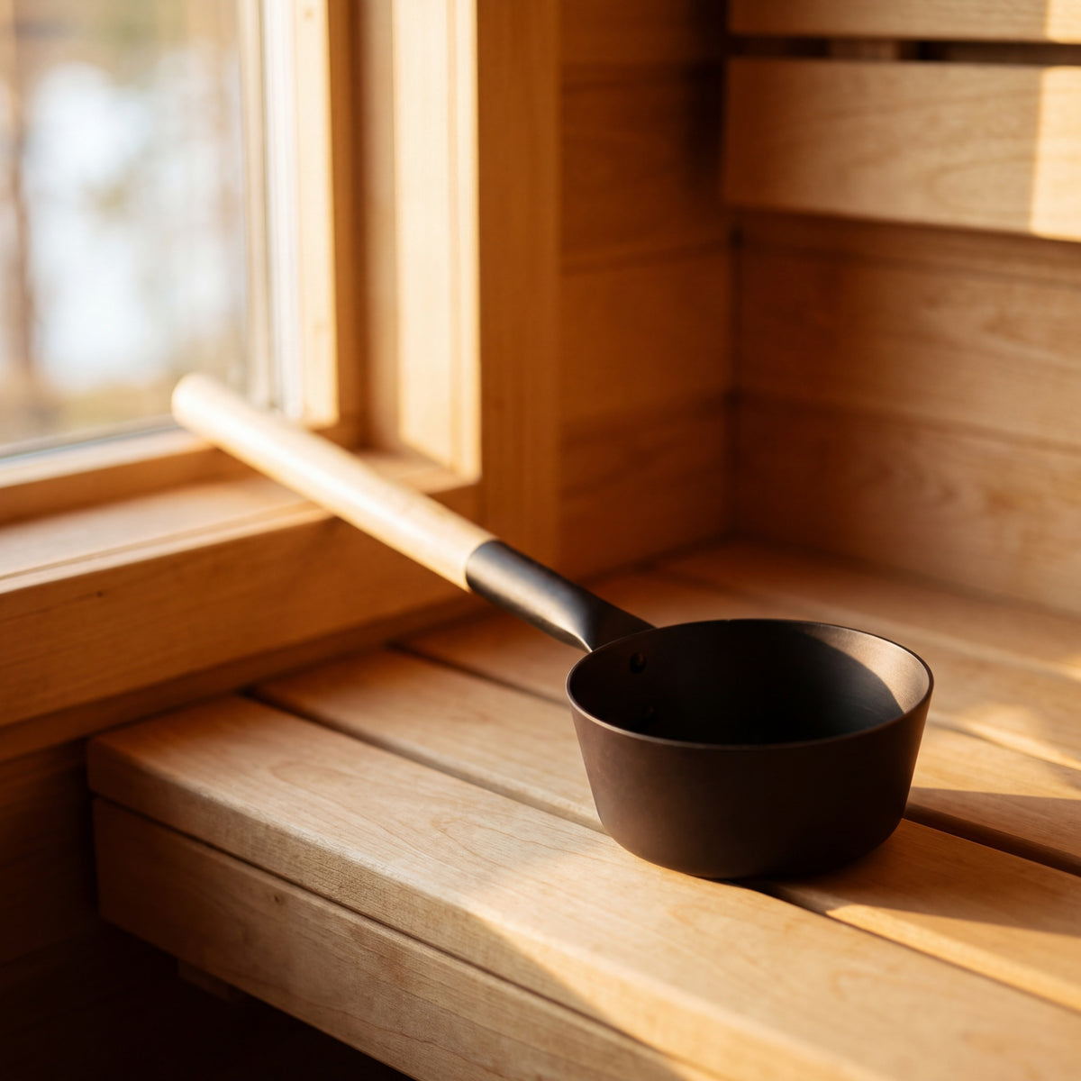 Rento Anodised Aluminium Sauna Ladle in Brown/Black - in the sauna
