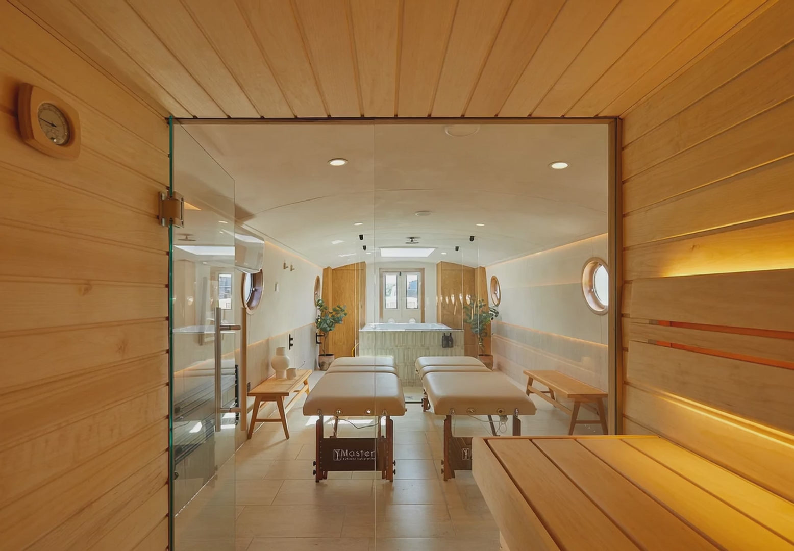 Sauna interior and room with massage tables