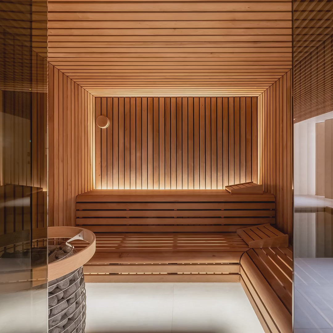 Interior of sauna with warm lighting