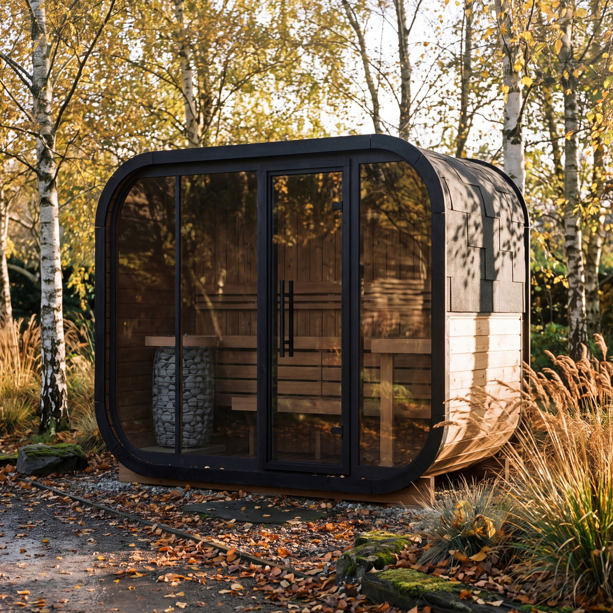 Ralva Large rounded outdoor sauna with black painted arch covers