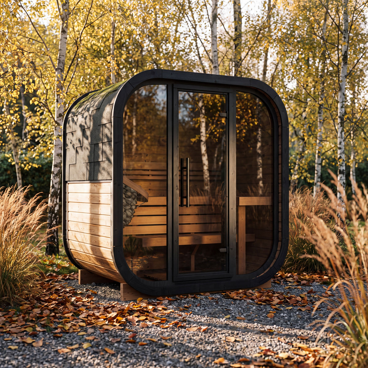 Ralva Medium rounded outdoor sauna with black painted arch covers