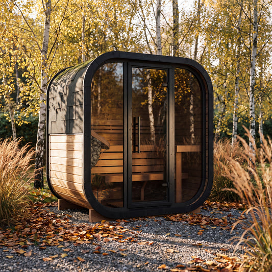 Ralva Medium rounded outdoor sauna with black painted arch covers